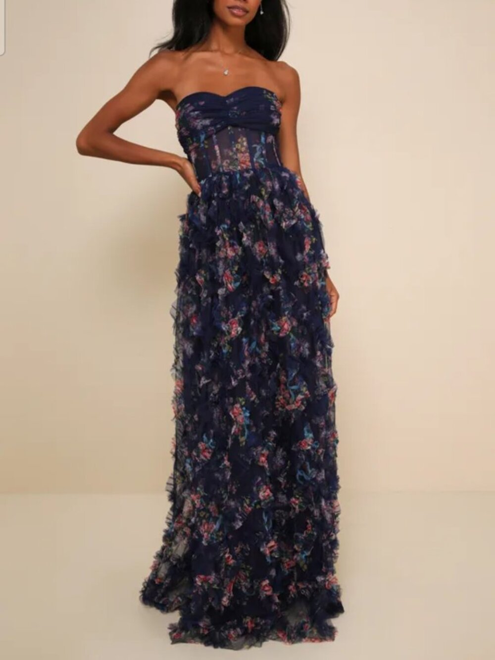Lulus stunning element navy floral mesh ruffled strapless maxi dress